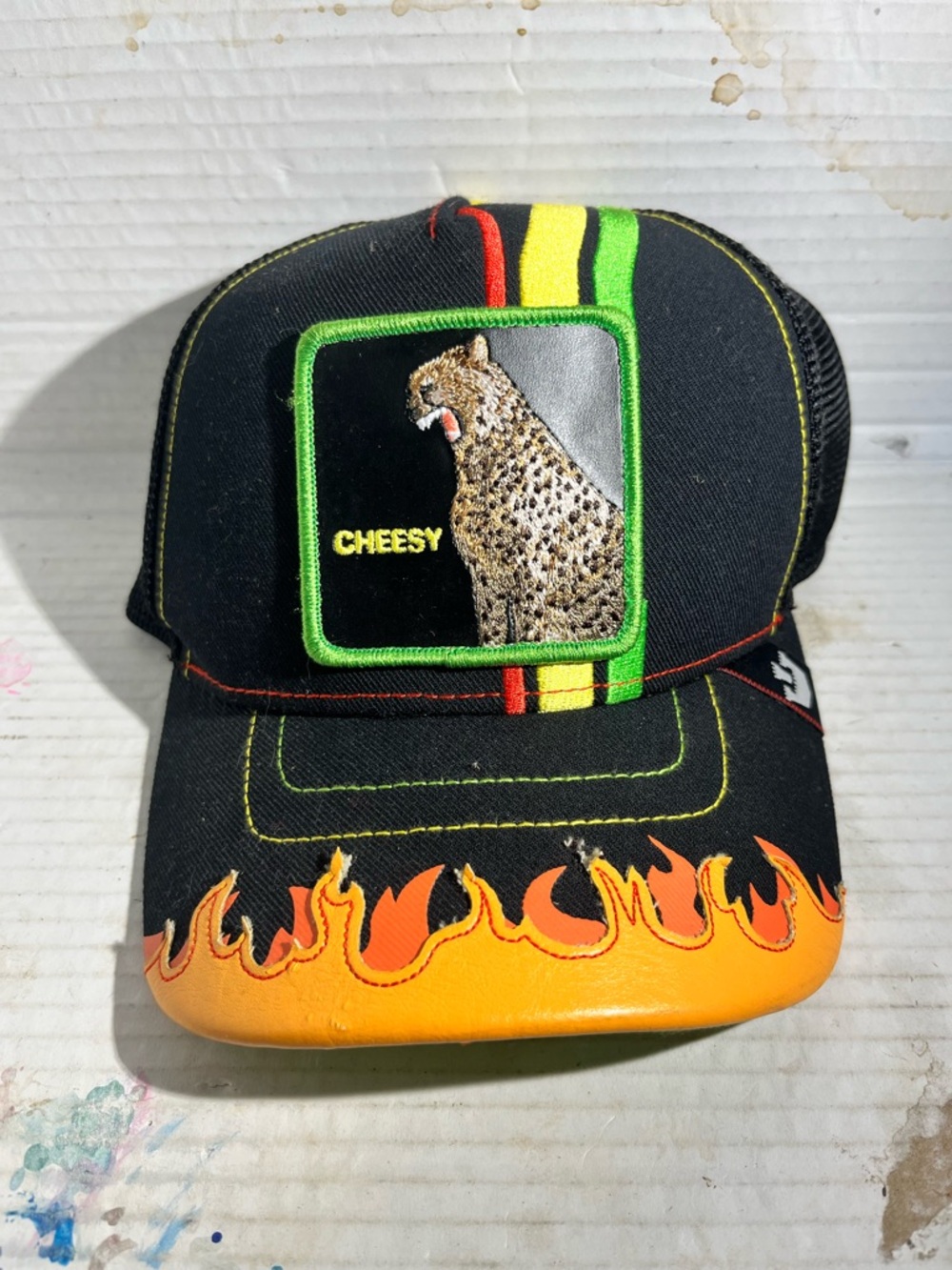 Cheesy Leopard Flame Trucker Hat - Black/Orange